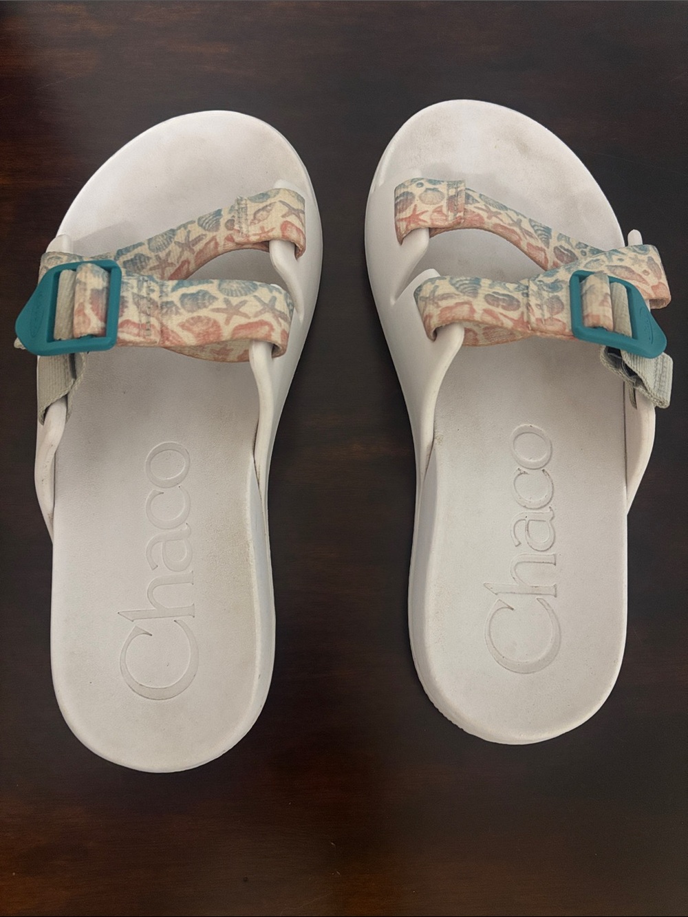 Chaco Women's Cream Slide Sandals with Teal Buckles and Patterned Straps